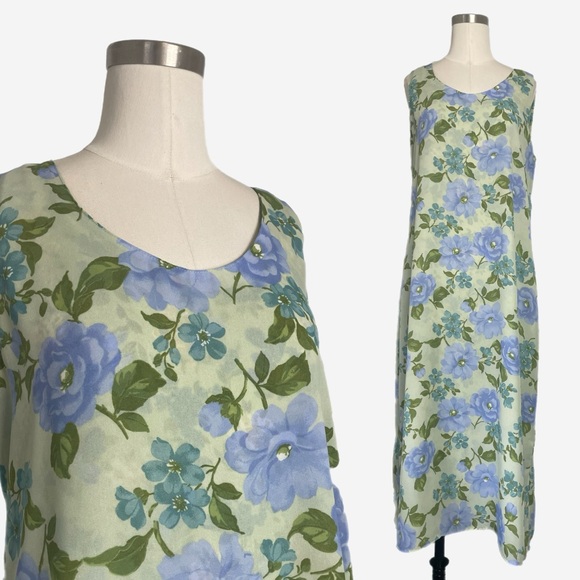 Vintage Dresses & Skirts - Vintage Y2K Studio Ease Sage green floral column sack midi dress tie back L/XL
